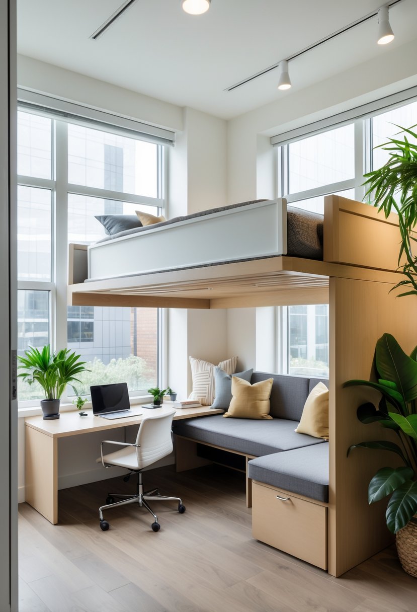 A bright office guest room with a lofted daybed above a workspace, including a desk, chair, and plants.