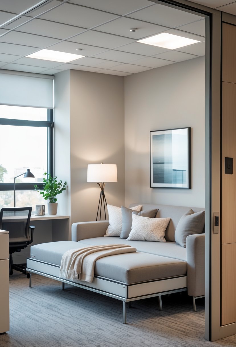 A convertible daybed sofa in an office guest room with a desk, chair, and natural light from a window.