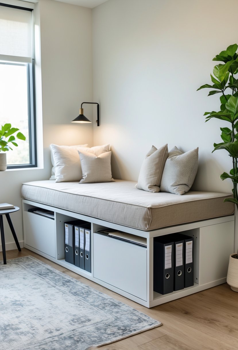 A daybed with under-bed filing cabinets in an office guest room, with cushions, a side table, a lamp, and a potted plant.