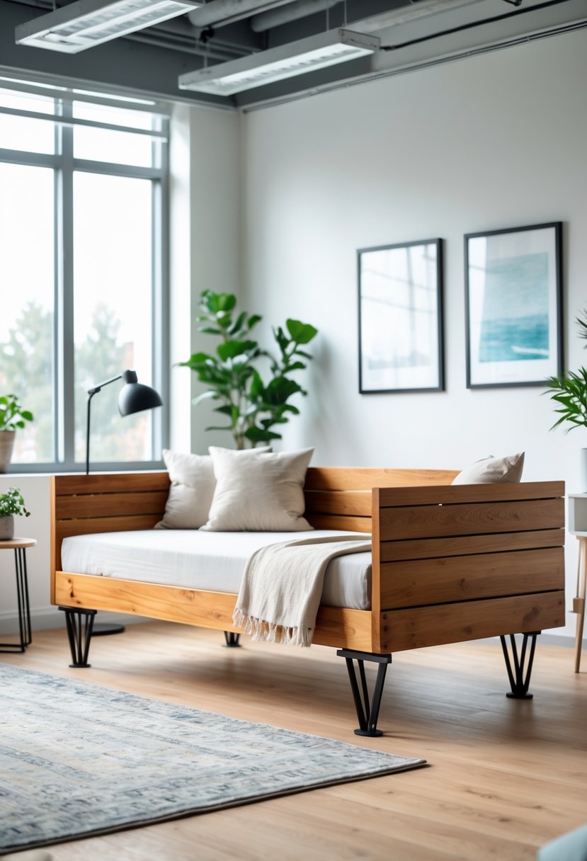 Wooden daybed with metal legs in a bright office guest room with cushions, a side table, and a window.
