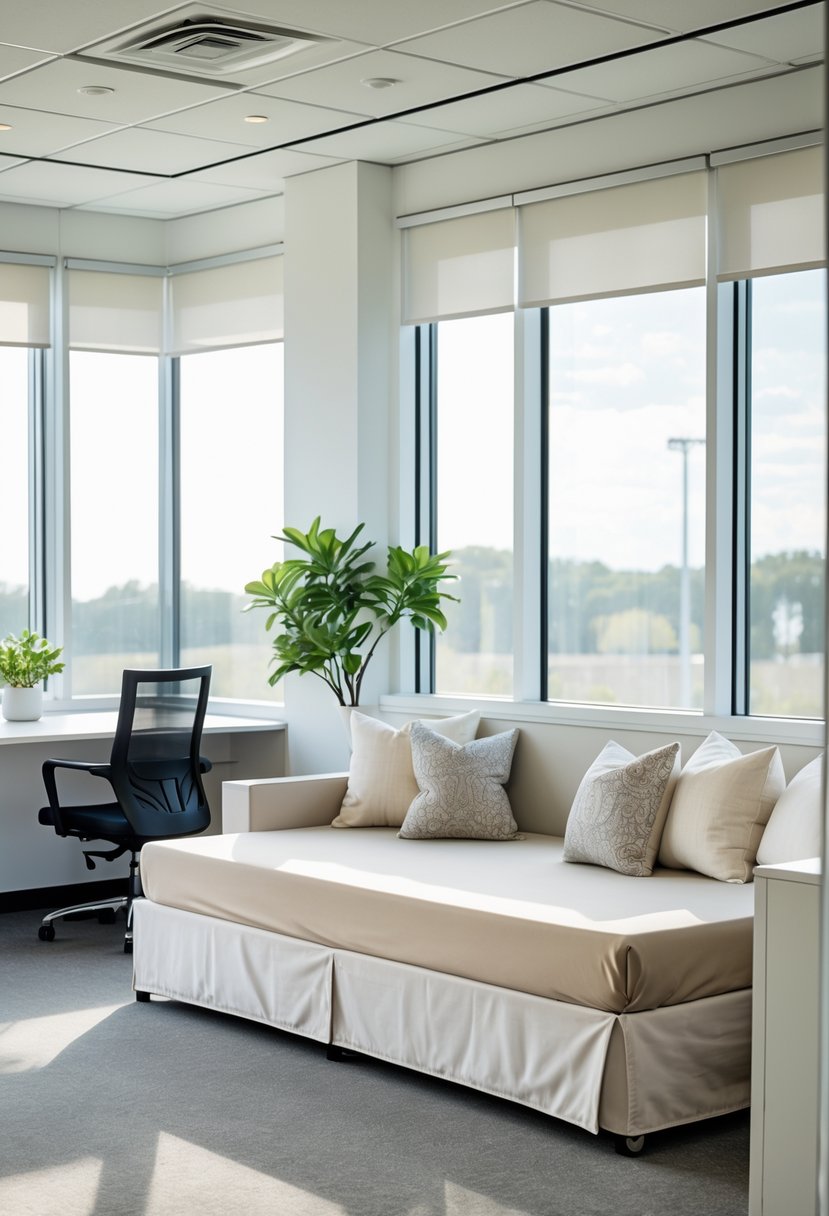 A bright office guest room with a daybed featuring removable slipcovers and a desk nearby.