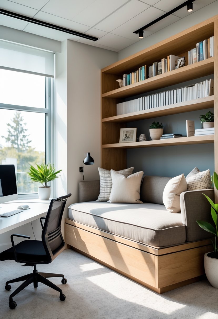 A daybed with built-in bookshelf in an office guest room, surrounded by a desk, chair, and plants.