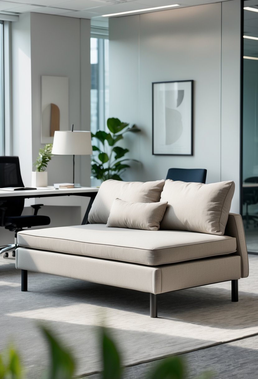 A modern daybed with an adjustable backrest in an office guest room, surrounded by office furniture and decor.