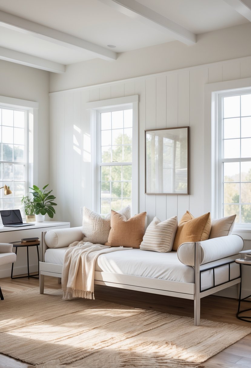 A bright room with a daybed covered in blankets and pillows next to a desk with a laptop and plants.