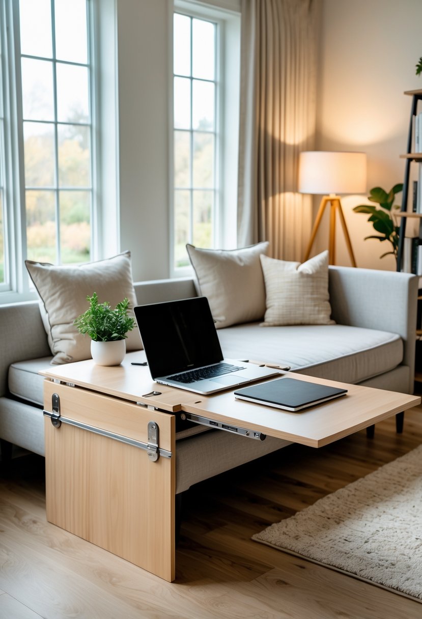 A daybed with a fold-out desk attachment set up in a bright guest room, featuring a laptop and a small plant on the desk.