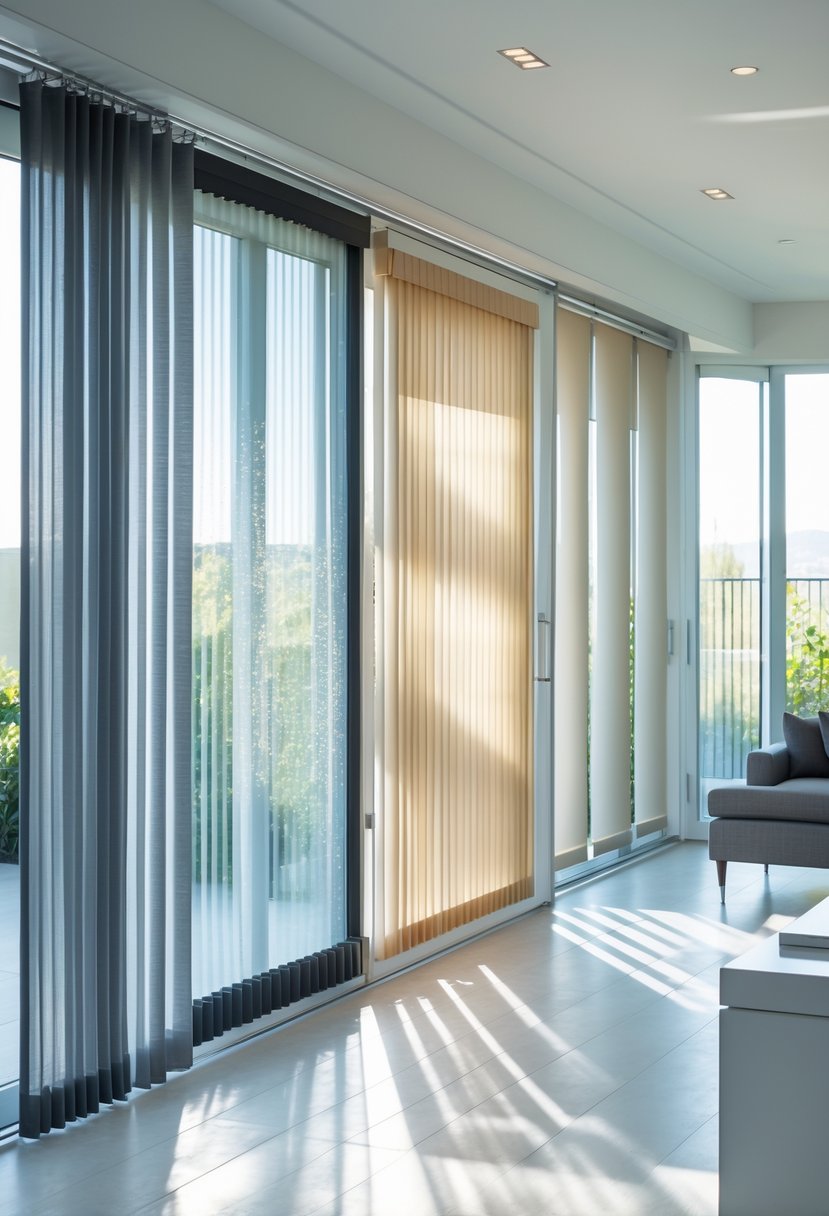 A room with 15 sliding glass doors, each covered by a different style of window treatment.