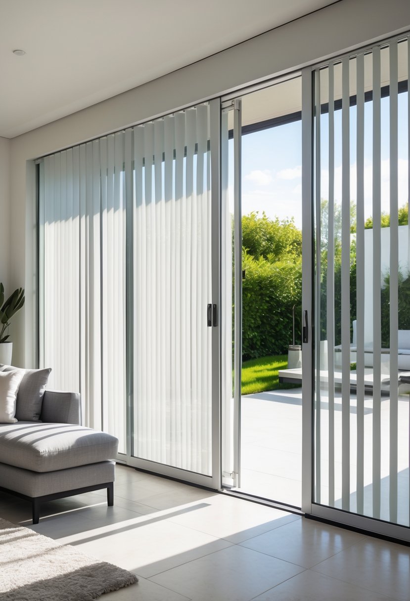 A living room with sliding glass doors covered by vertical blinds, sunlight coming through, and a view of an outdoor patio with plants.