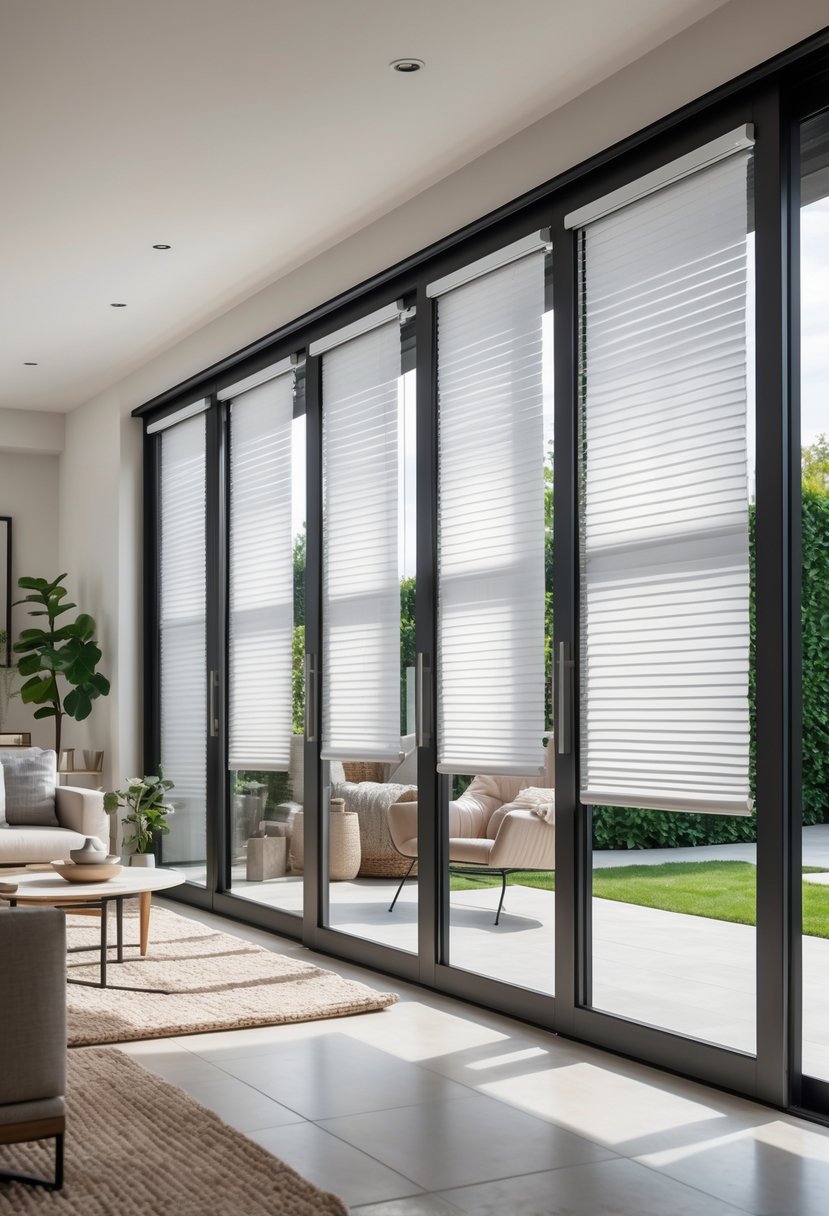 Living room with sliding glass doors covered by partially open cordless sliding panel track blinds, showing a garden outside.