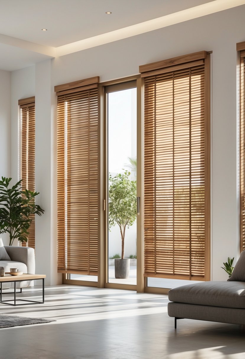 Sliding glass door with wooden Venetian blinds partially open in a living room.