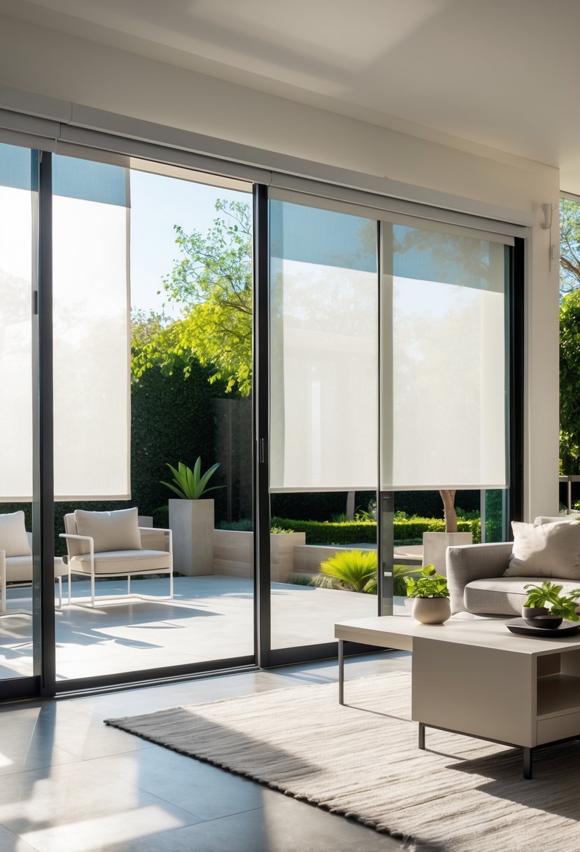 Living room with sliding glass doors covered by solar shades letting in soft natural light, showing a cozy seating area and a sunny patio outside.