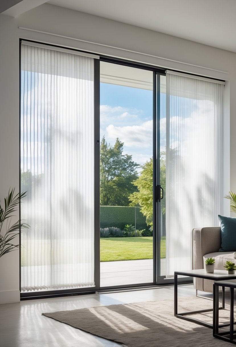 Sliding glass door with sheer vertical shades in a bright living room overlooking a green outdoor area.