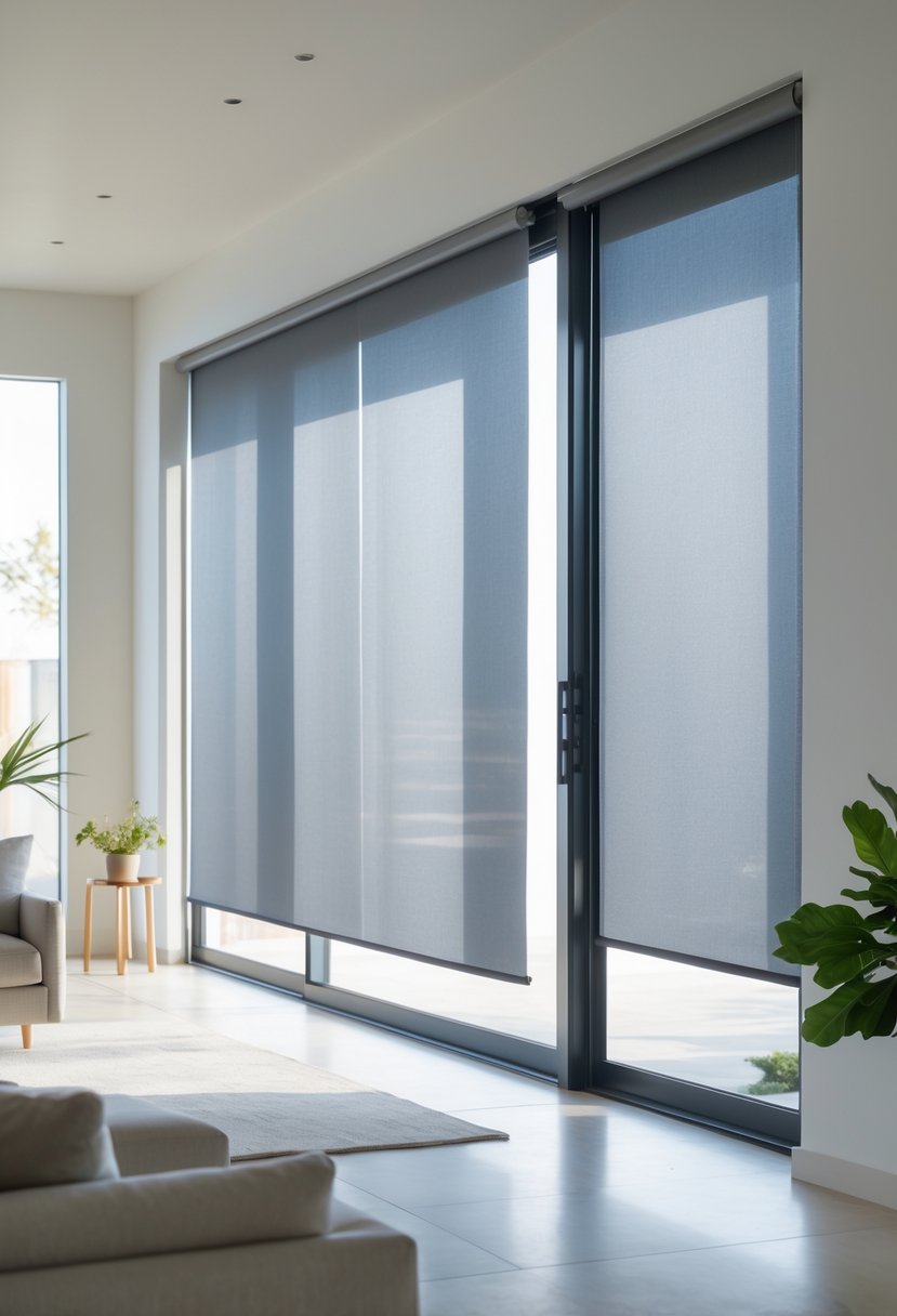A modern living room with a sliding glass door covered by blackout roller shades, blocking sunlight.