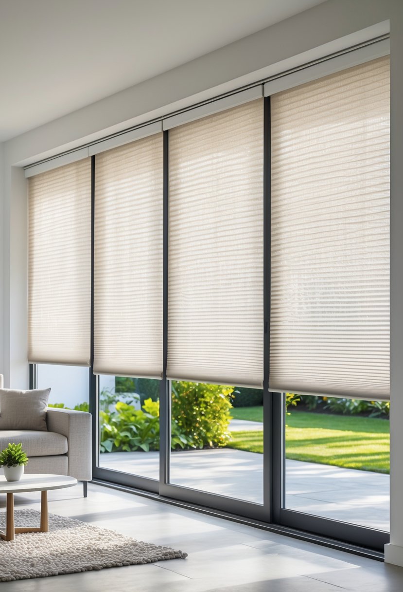 Sliding glass door with honeycomb cellular shades partially drawn, showing a bright living room and a garden outside.