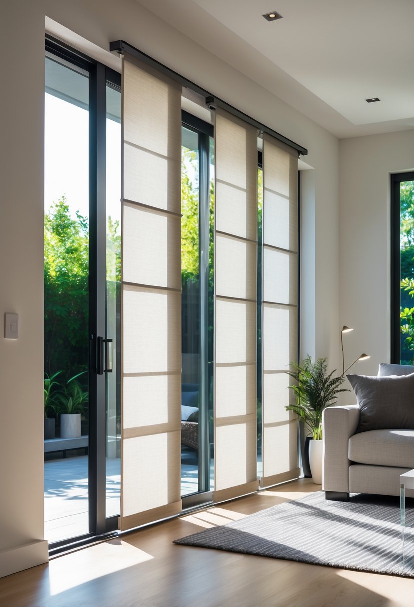 A living room with a sliding glass door covered by fabric panel track blinds, partially open to let in natural light and show a patio outside.