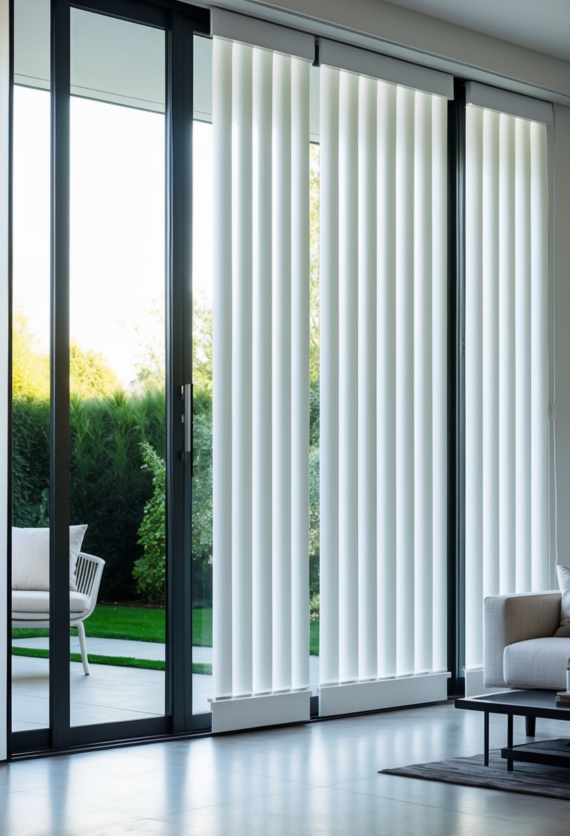 Interior room with a sliding glass door covered by white vertical blinds, sunlight coming through, and a garden visible outside.