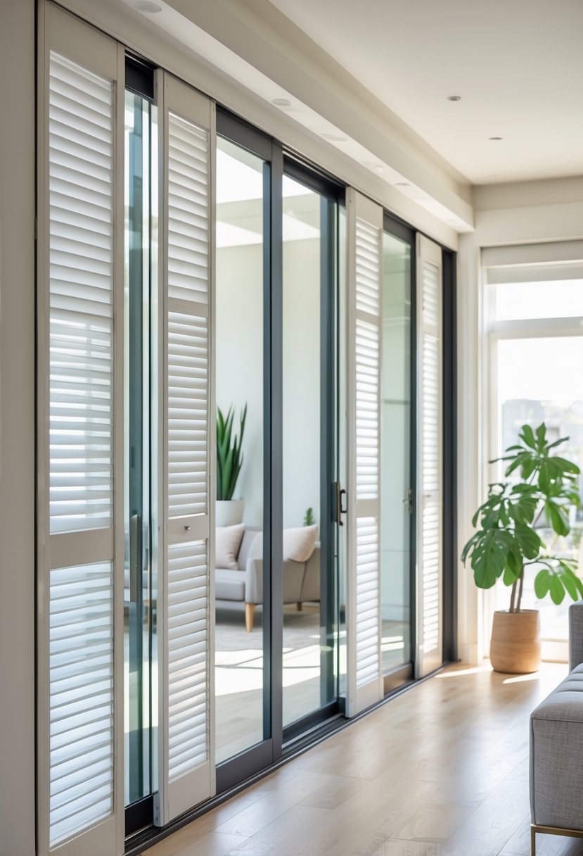 Interior room with large sliding glass doors covered by multiple sliding shutter panels, partially open to let in natural light.