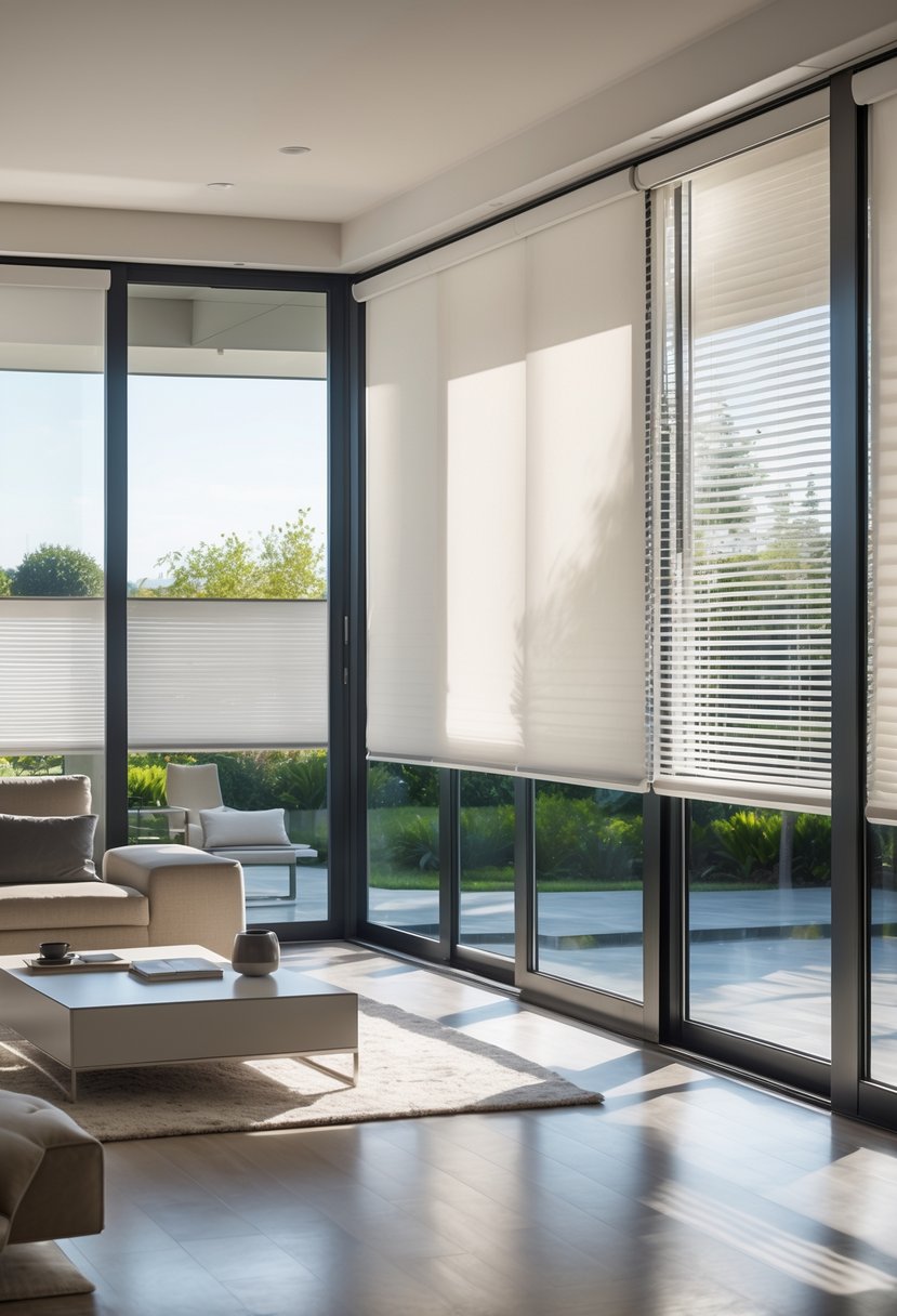 Living room with sliding glass doors covered by partially open motorized sliding door blinds, showing a garden outside.