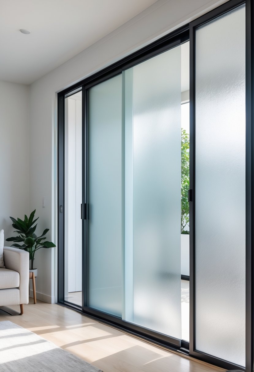 Sliding glass door with frosted privacy film in a bright living room with a sofa and indoor plant.