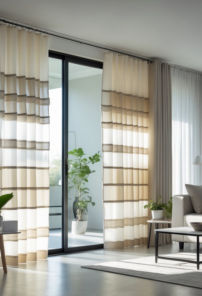 A living room with a large sliding glass door covered by layered drapery panels in neutral colors, with natural light coming through and modern furniture nearby.