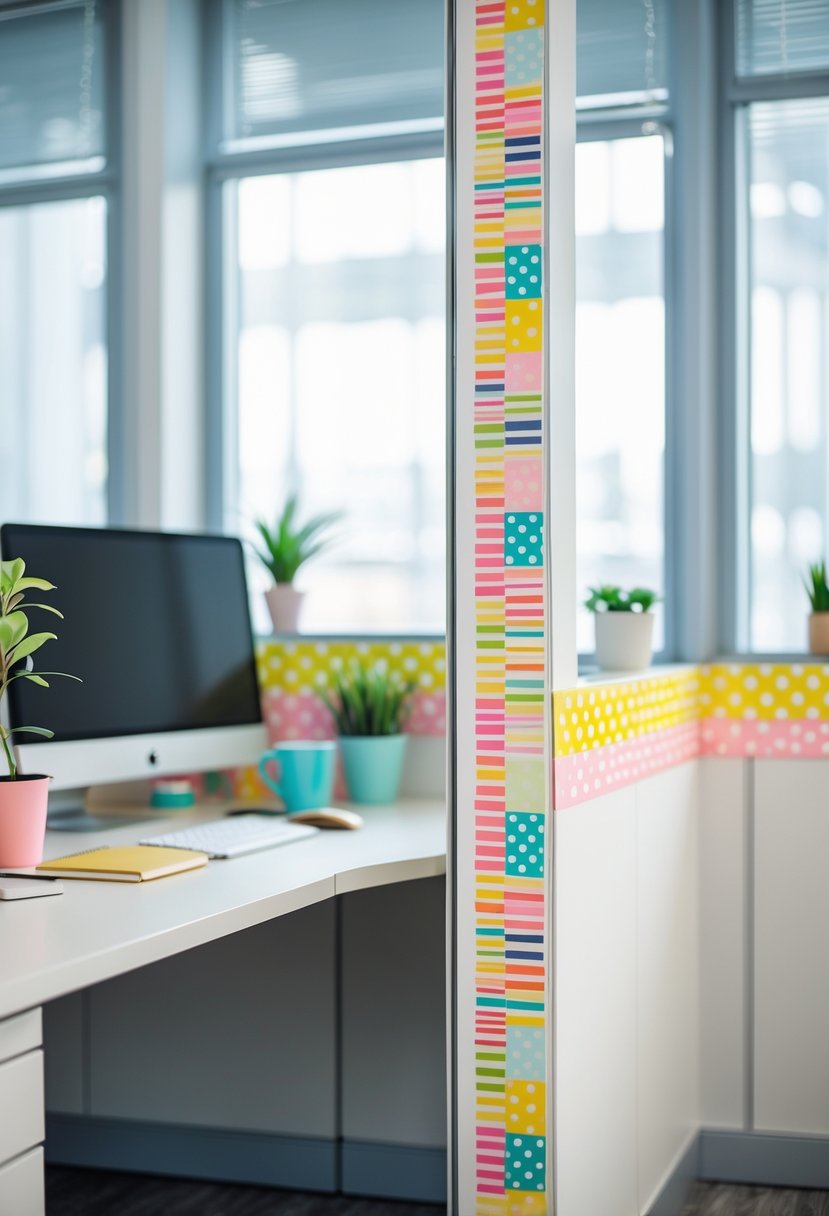 Office cubicle corner decorated with colorful patterned washi tape along the edges, featuring a clean desk with a computer, plant, and stationery.