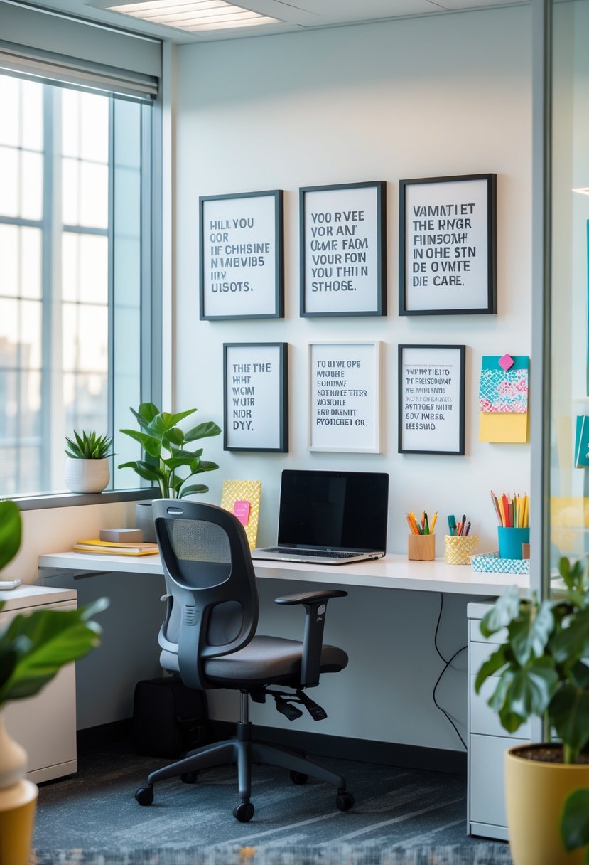 An organized office cubicle with framed motivational quotes on the walls, a desk with a laptop, plant, and office supplies.