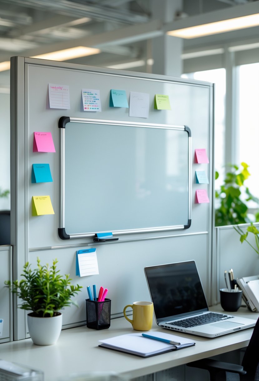 An office cubicle with a magnetic whiteboard holding notes and magnets above a tidy desk with a laptop, plant, and office supplies.