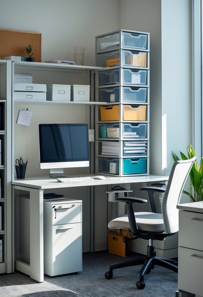 An office cubicle with stackable storage bins arranged vertically to organize office supplies and documents on shelves above a tidy desk.