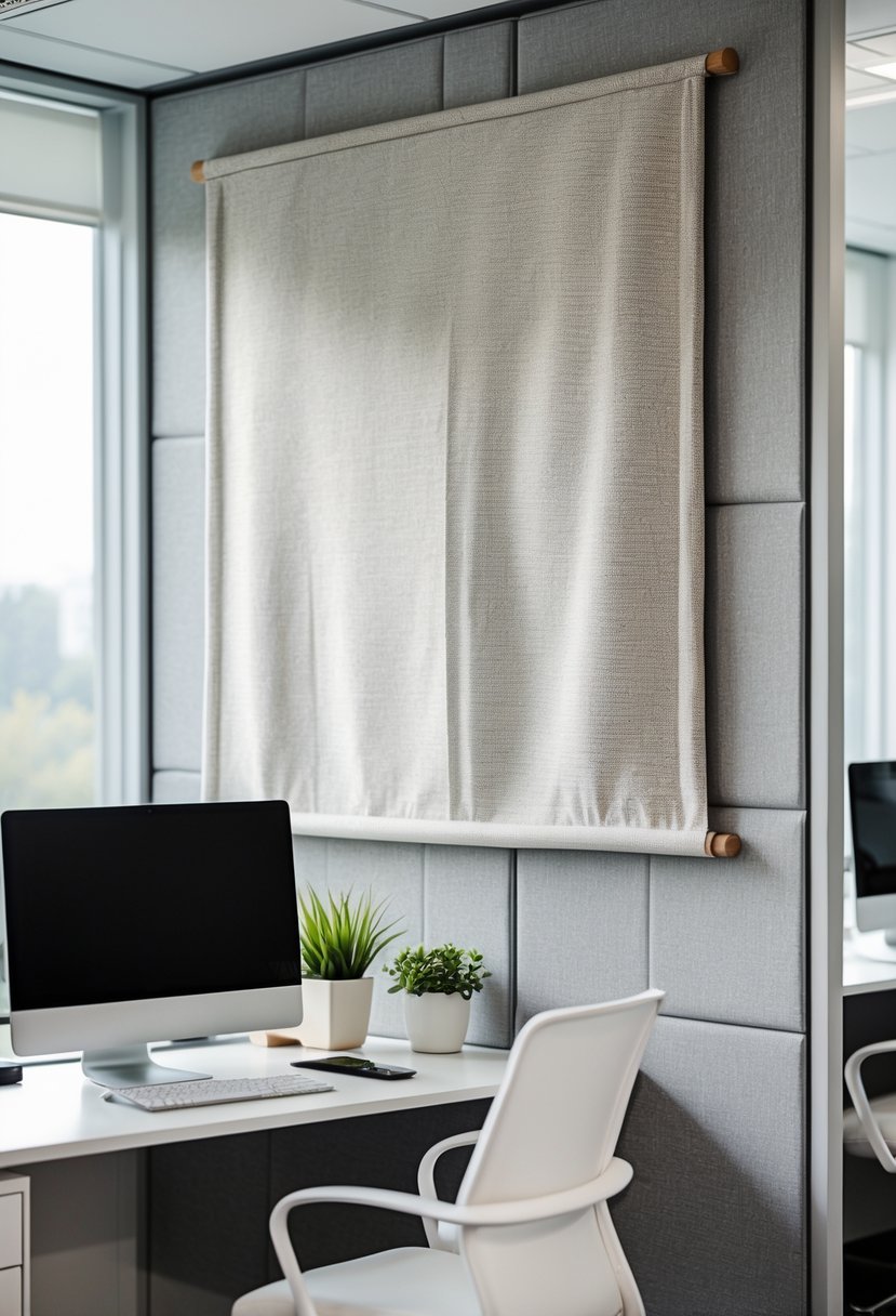 Office cubicle with a fabric wall hanging, desk with computer and plant, in a bright and organized workspace.