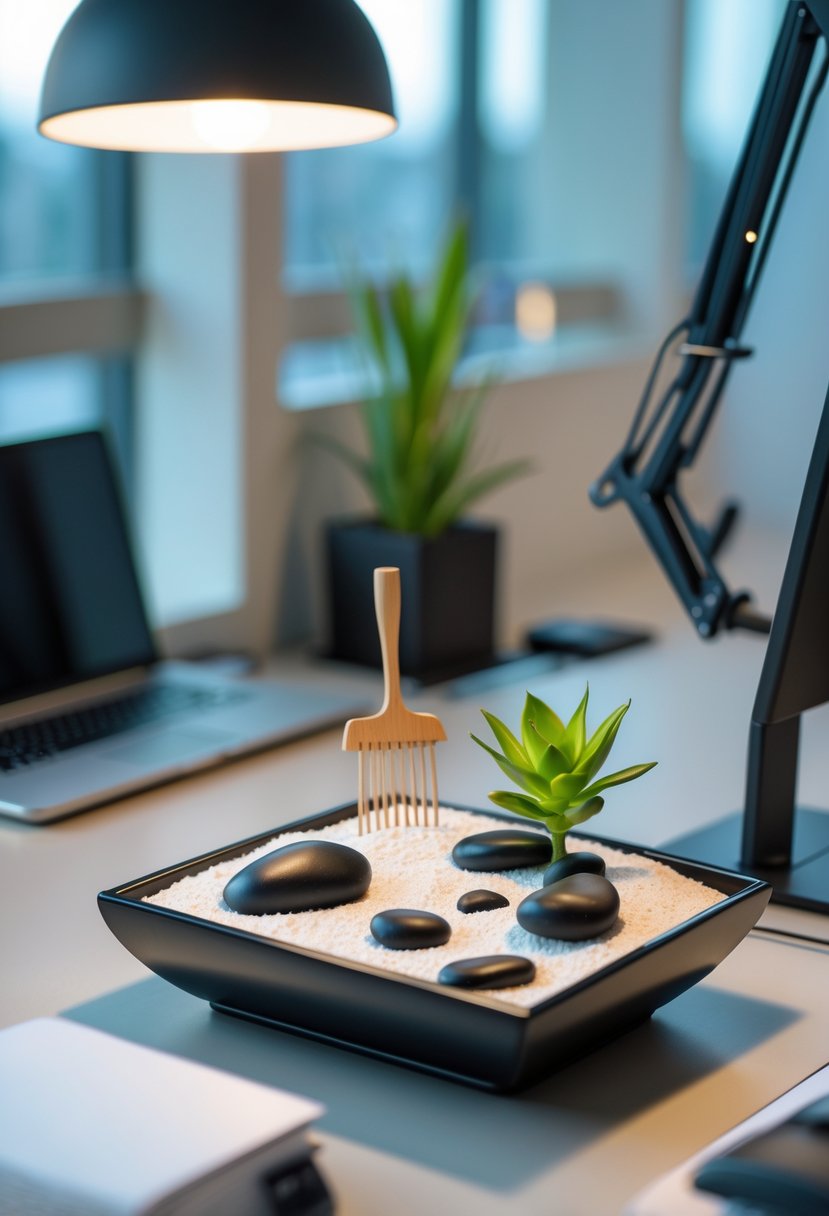 A small Zen garden with sand, stones, and a succulent on an office cubicle desk surrounded by typical office items.