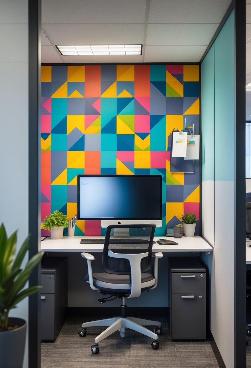 An office cubicle decorated with geometric patterned peel-and-stick wallpaper and a tidy desk with office supplies.