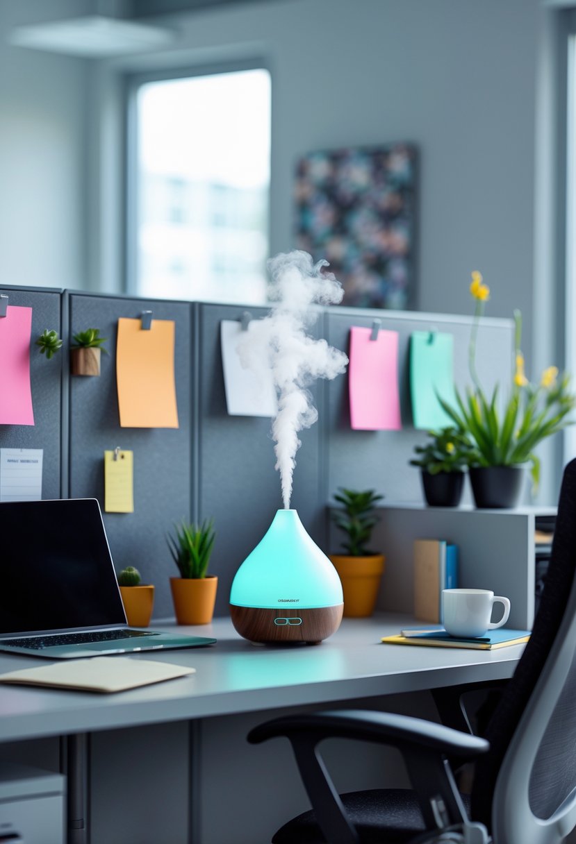 An office cubicle with a compact essential oil diffuser on the desk surrounded by plants, artwork, and organized workspace items.