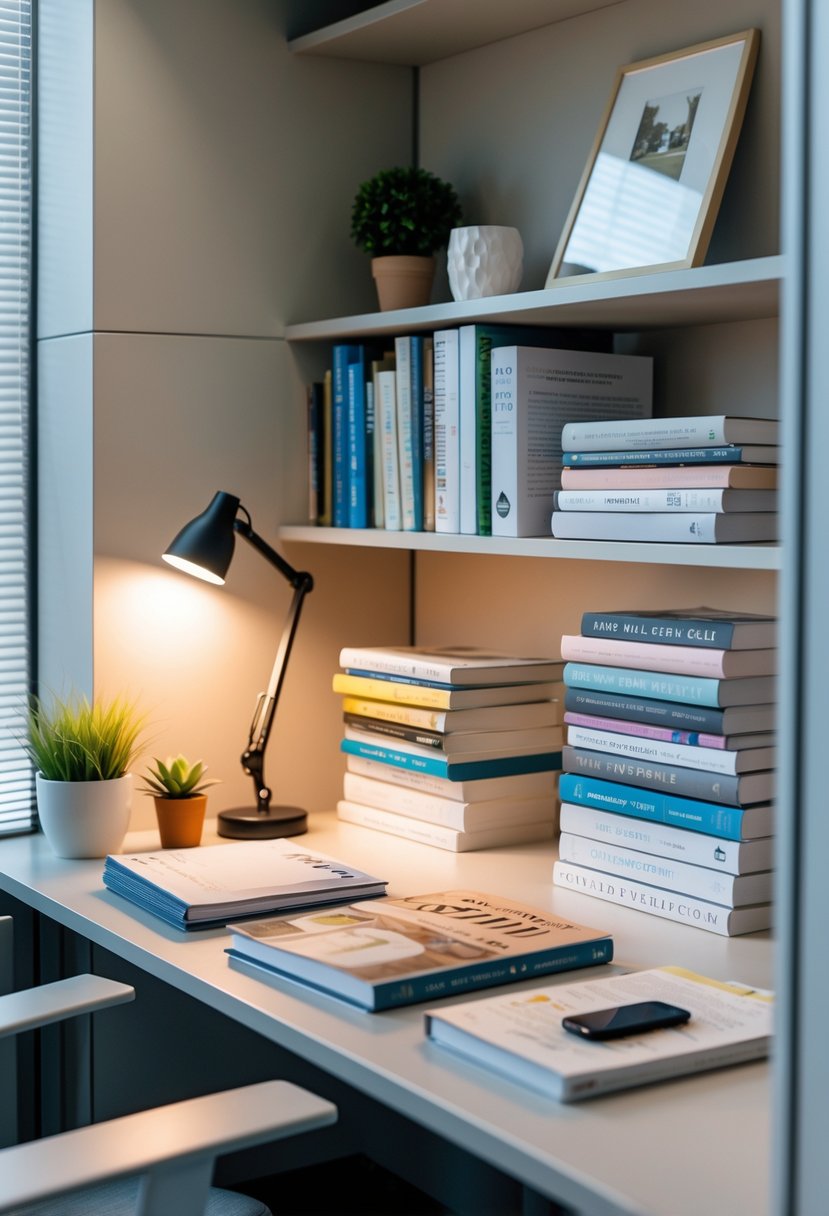 A small collection of books and magazines arranged on a cubicle shelf with a potted plant and office supplies in a tidy workspace.