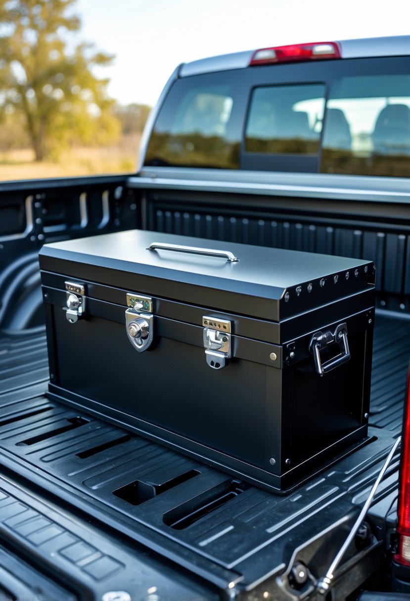 A pickup truck bed with a lockable toolbox securely installed, surrounded by organized tools and equipment outdoors.