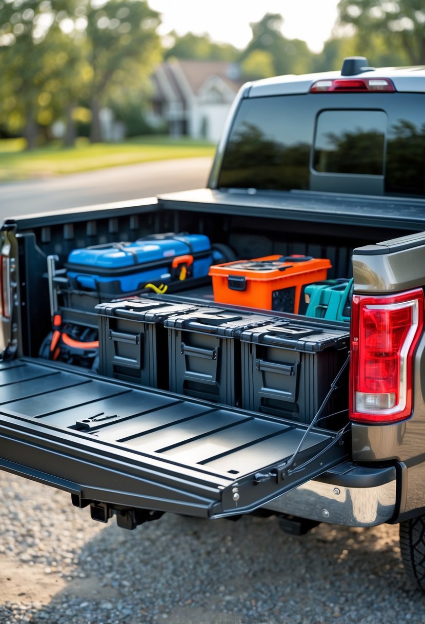 Open pickup truck bed with built-in organizer dividers holding tools and storage boxes outdoors.
