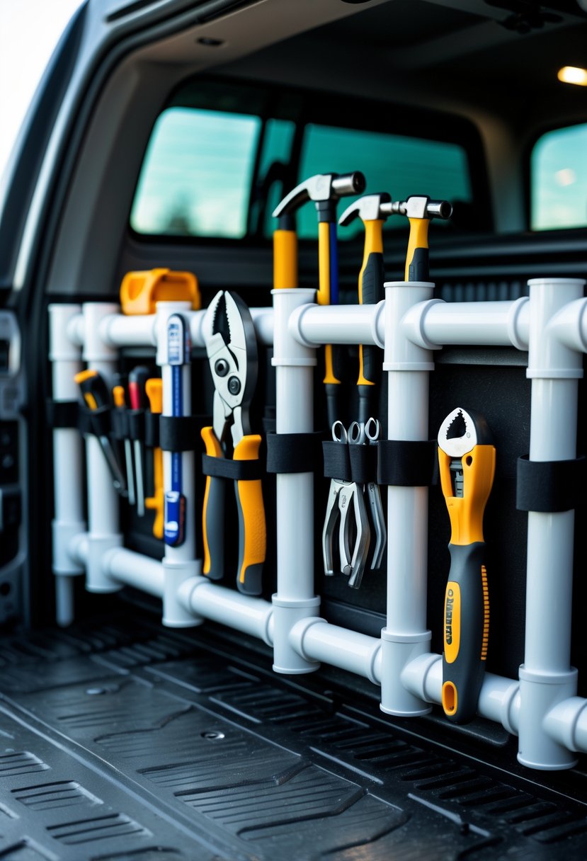 Truck bed with organized PVC pipe tool holders holding various hand tools.