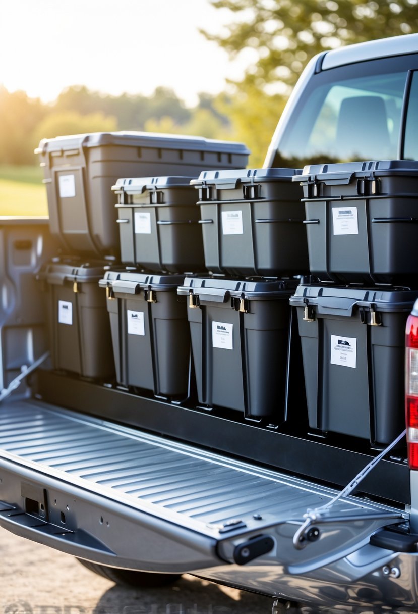 Pickup truck bed with organized over-the-wheel storage bins installed over the wheel wells.