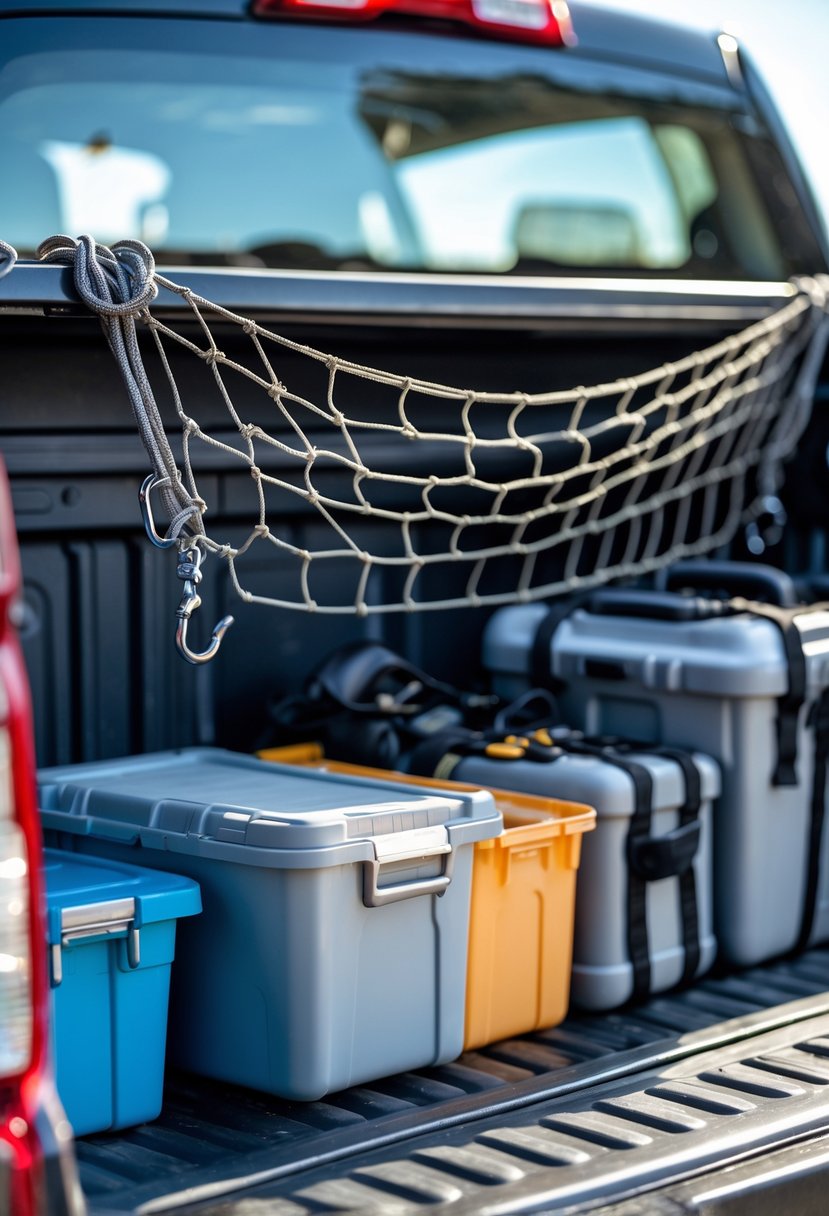 Cargo net with hooks securing storage containers and gear inside a pickup truck bed.