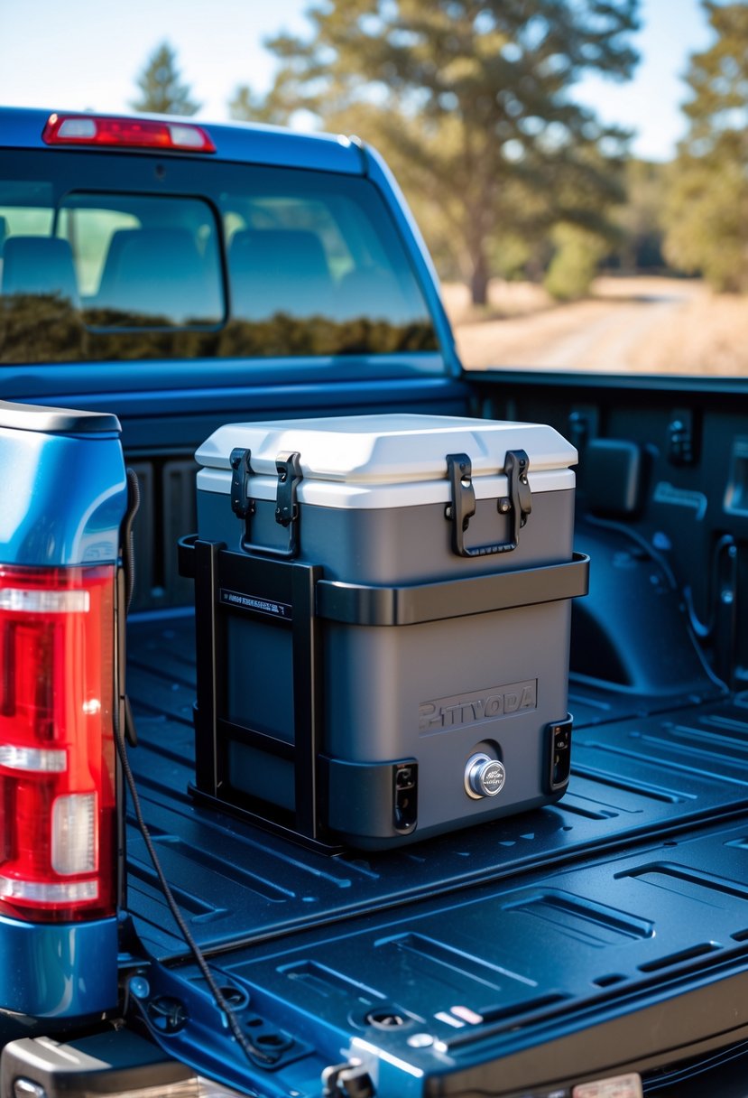 Truck bed with a mounted cooler holder and organized storage solutions in an outdoor setting.