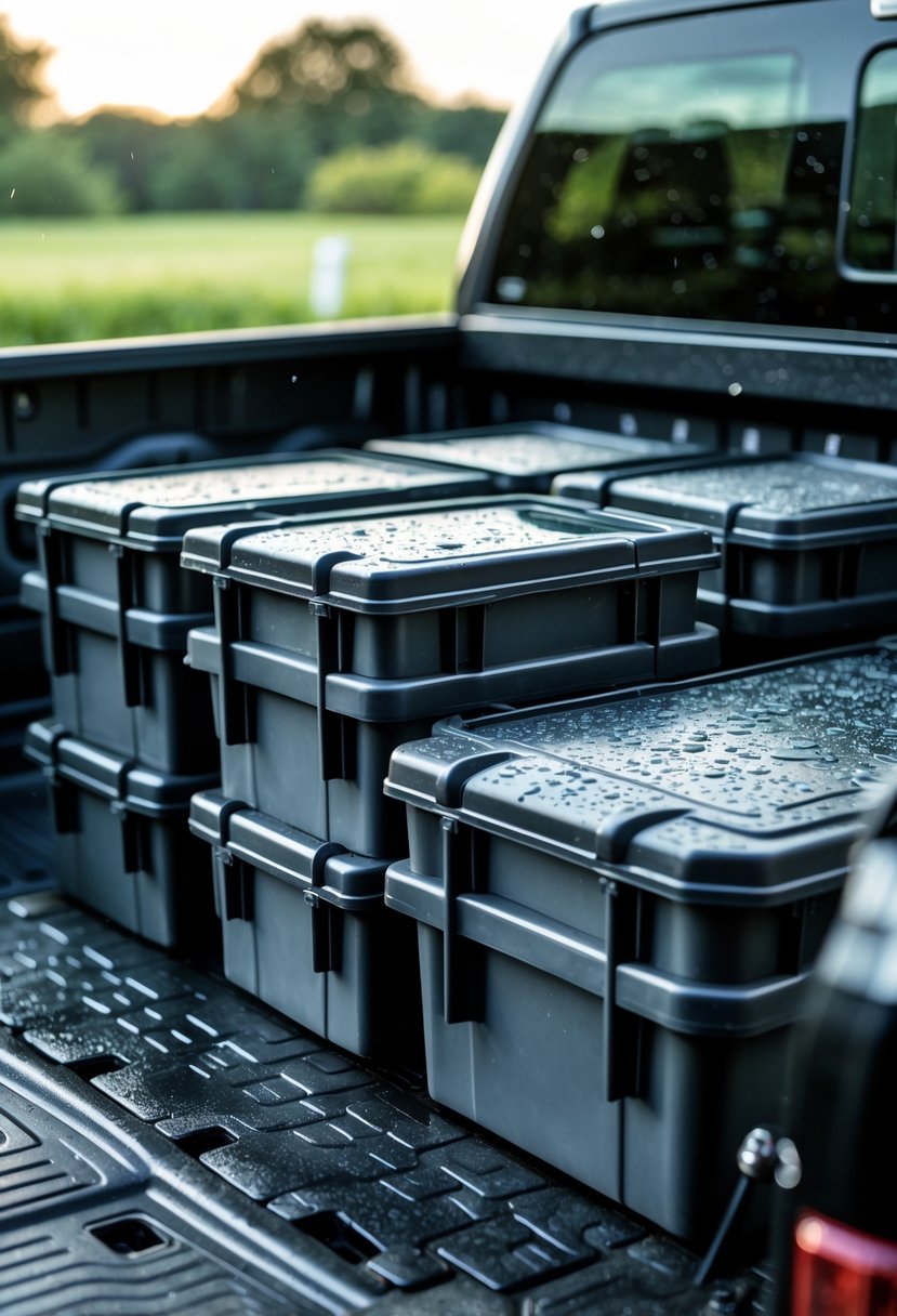 Pickup truck bed with weatherproof storage totes neatly arranged outdoors.