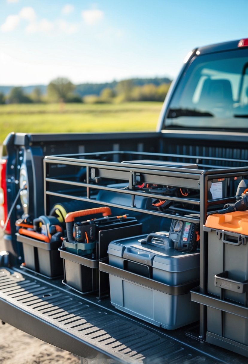 Pickup truck bed with various mounted accessory racks holding tools and outdoor gear, showing organized storage solutions.