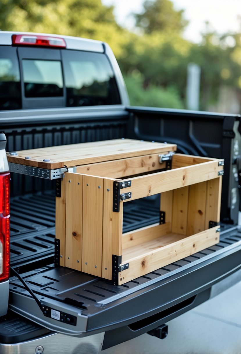 A fold-down workbench installed in the bed of a pickup truck with organized storage compartments and tools.