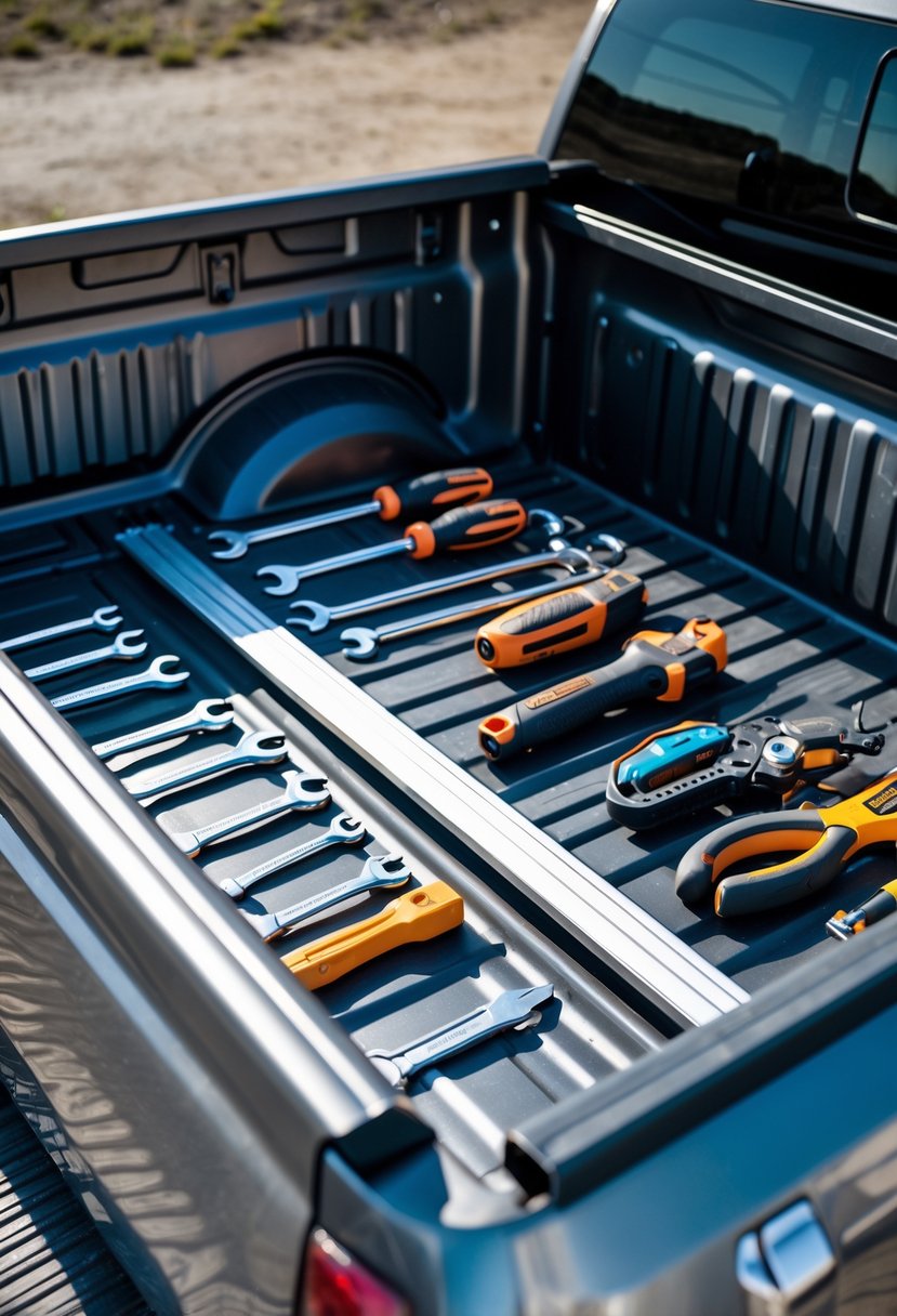 A metal truck bed with magnetic strips holding various tools neatly organized along the sidewalls.