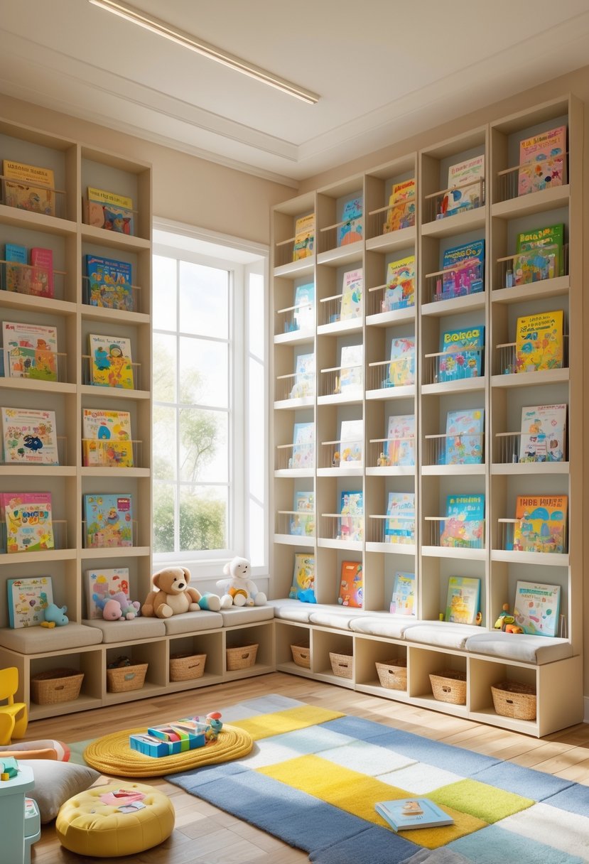 A bright children's playroom with wall-mounted book racks filled with books, a cozy reading nook, child-sized furniture, toys, and natural light from large windows.