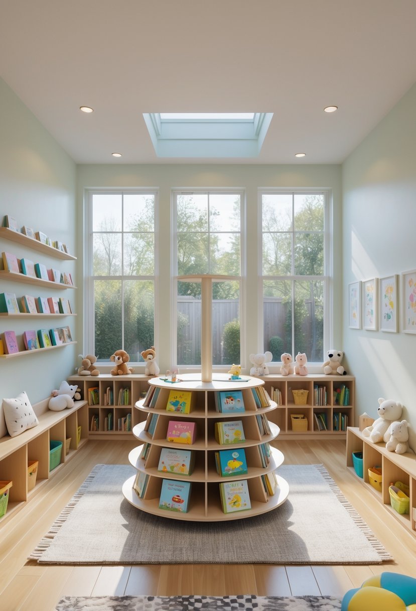 A spacious children's playroom with a rotating book carousel filled with colorful books, surrounded by various book storage solutions, cozy reading areas, and playful decor.