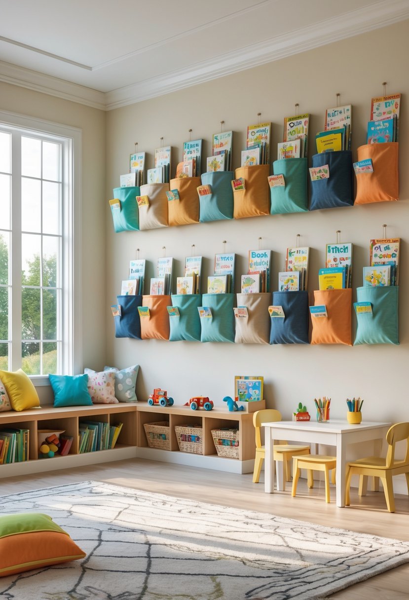 A bright children's playroom with hanging fabric book pockets on the wall, shelves with books and toys, a reading nook, and a small table with chairs.