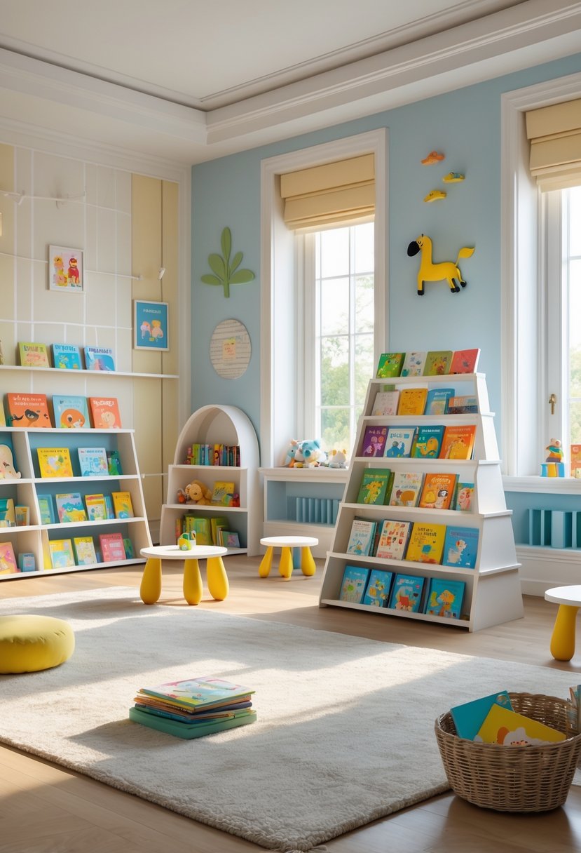 A children's room with tiered book display stands filled with kids' books, a reading nook, toys, and natural light from large windows.