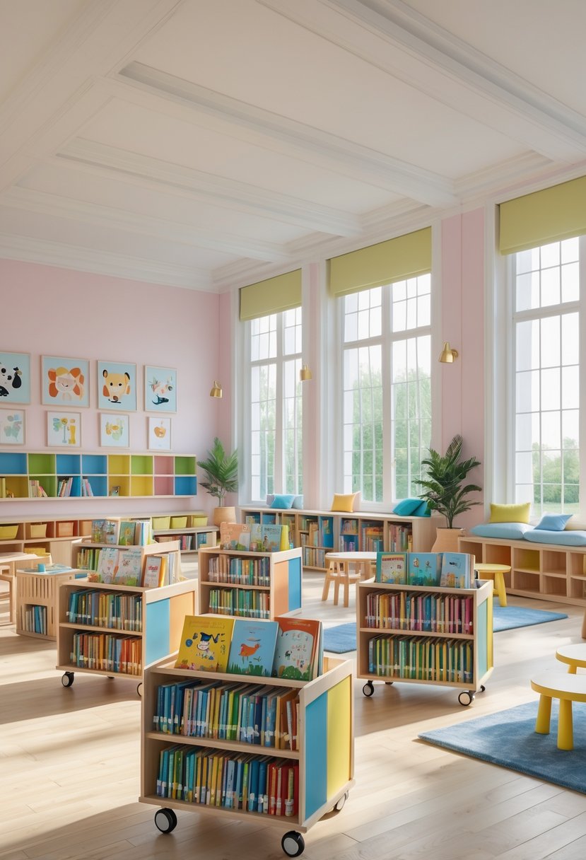 A bright children's reading room with rolling book carts filled with books, small tables and chairs, and cozy reading areas.