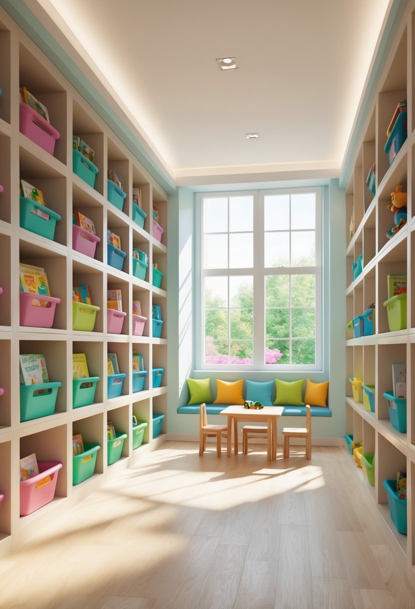 A bright children's playroom with open-front bins filled with books and toys, a cozy reading nook, and natural light coming through large windows.