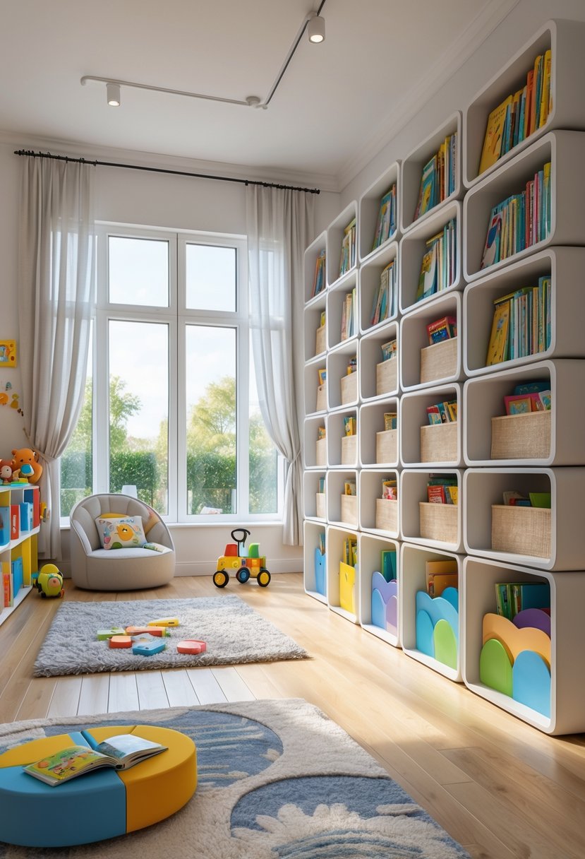 A children's playroom with stackable book storage boxes filled with books, a reading nook with a cushioned chair, toys, and bright natural lighting.