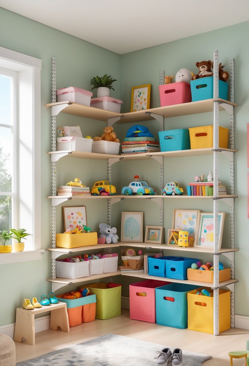A children's closet with adjustable shelves holding toys, books, and colorful storage bins, arranged neatly in a bright, organized space.